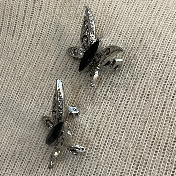 2 Vintage Sliver-tone Butterfly with Jet Black Rhinestone with Bracelet - Picture 12 of 16